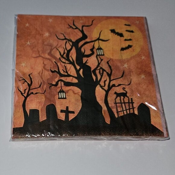 NEW 5 Packages Full Moon Halloween Napkins Lot Graveyard Tree Stars Bats Orange - Picture 4 of 6